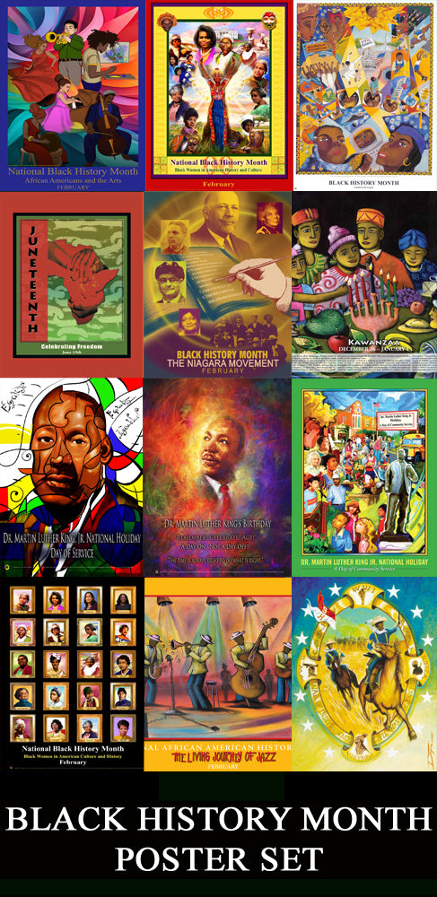 Black History Poster Set  Item# BHPS Includes (12 Posters)  B24, B12, C56, JT,  B05, KW, MLK14, MLK19, MLK11, NEW B12A, BJ, B01 -  DiversityStore.Com®