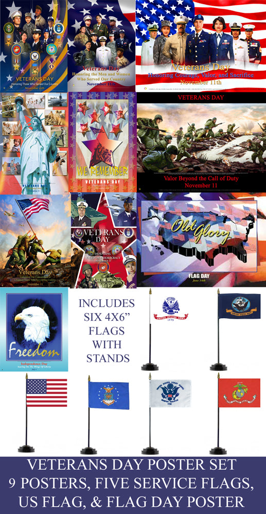 Item# VETSET  Veterans Day Poster Set 9 POSTERS With US and Service Flags-  (GSA) -  DiversityStore.Com®